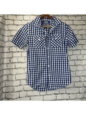 Superdry Button Up Shirt Men's S Short Sleeve Collar Gingham Check Plaid Preppy